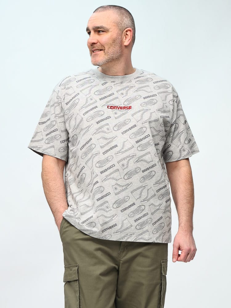 在庫処分 返品交換不可 半袖 Tシャツ コンバースシューズ総柄プリント クルーネック トップス クルー 大きいサイズ メンズ