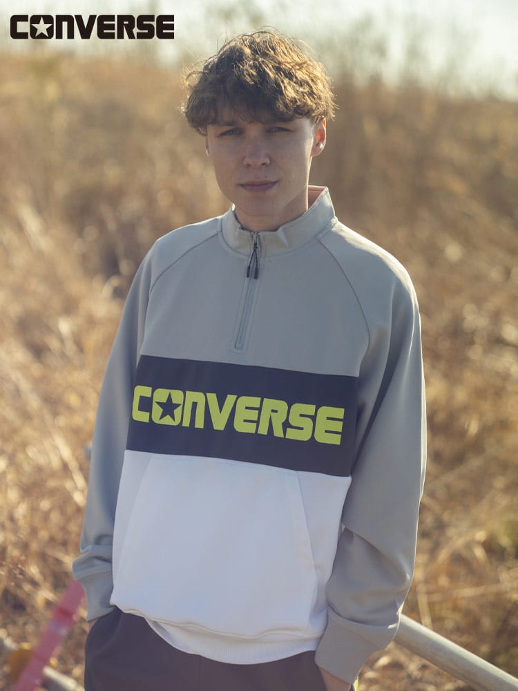 CONVERSE (コンバース) ラインロゴ ポケット付き ハーフジップ トレーナー