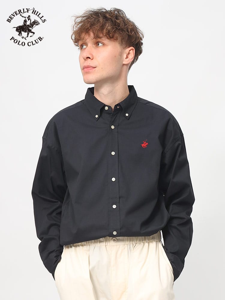 BEVERLY HILLS POLO CLUB (ビバリーヒルズポロクラブ) コットン100％ 無地＆ストライプ ロゴ刺繍 ボタンダウン 長袖 シャツ