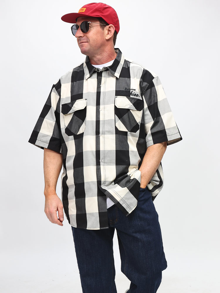 半袖 チェックシャツ ダブルポケット ボタン ツイル 刺繍 大きいサイズ メンズ
