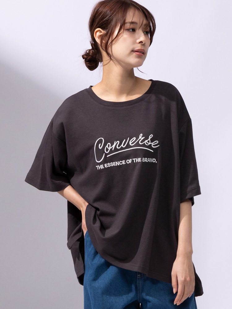 ロゴ刺繍 裾スリット クルーネック 半袖 Tシャツ | 大きいサイズの服 