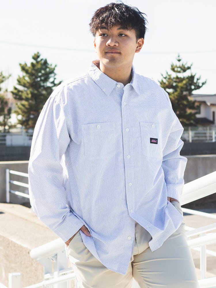 長袖 ワークシャツ 無地＆ストライプ ポケット付き トップス カジュアルシャツ 柄シャツ 春 大きいサイズ メンズ