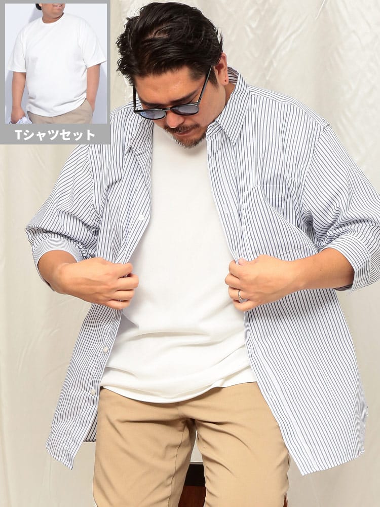  5分袖 シャツ 半袖 Tシャツ アンサンブル セット ブロード トップス  重ね着 ストライプ 春 夏 大きいサイズ メンズ