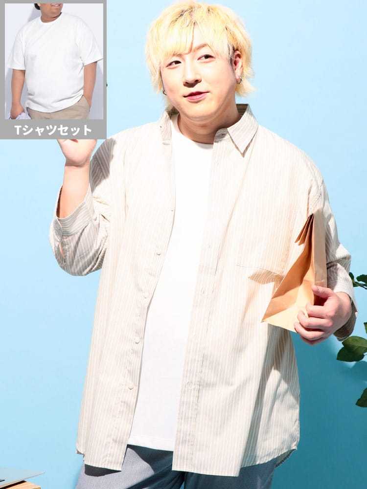  5分袖 シャツ 半袖 Tシャツ アンサンブル セット ブロード トップス  重ね着 ストライプ 春 夏 大きいサイズ メンズ