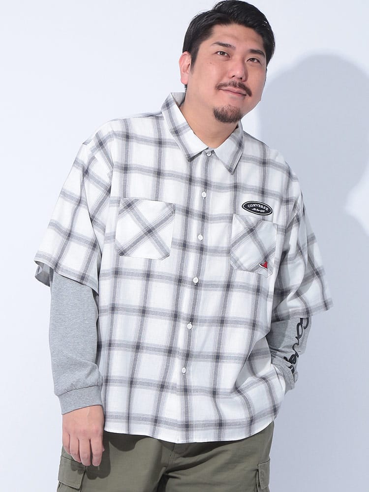 チェック柄 シャツ 袖天竺 レイヤード トップス 重ね着 プリント 大きいサイズ メンズ