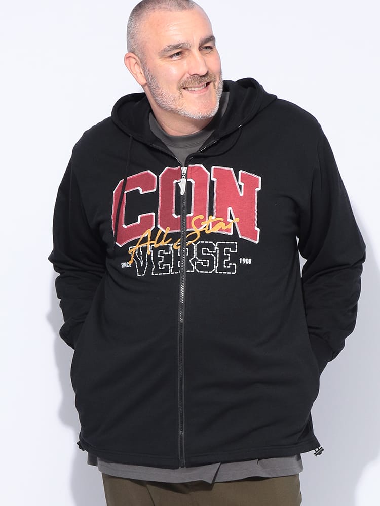 スウェット ジップパーカー ワッペン風プリント 裏毛 フルジップ トップス オーバーサイズ 大きいサイズ メンズ