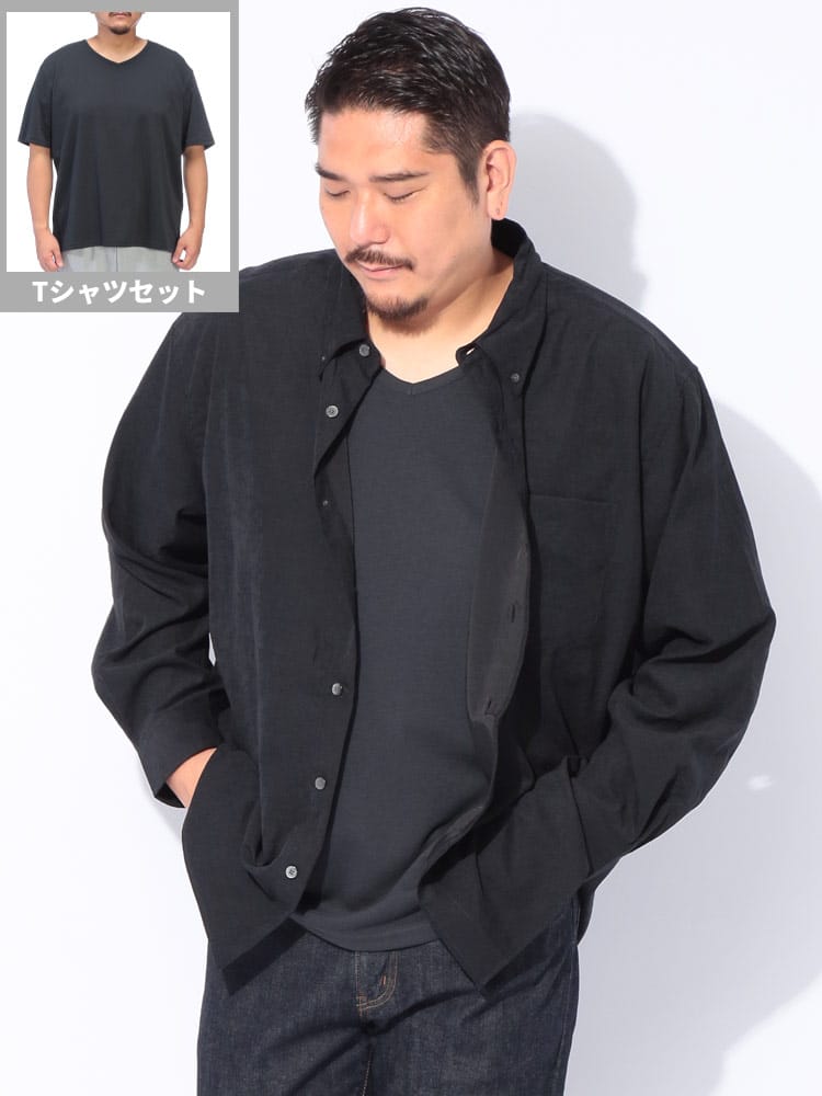 シャツ セット Tシャツ ボタンダウン TNピーチ 長袖 シャツ ＆ 無地Vネック 半袖Tシャツ アンサンブル トップス 無地 大きいサイズ メンズ