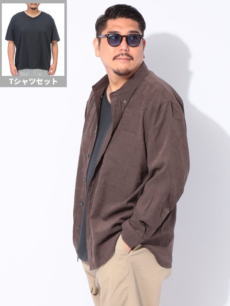 シャツ セット Tシャツ ボタンダウン TNピーチ 長袖 シャツ ＆ 無地Vネック 半袖Tシャツ アンサンブル トップス 無地 大きいサイズ メンズ