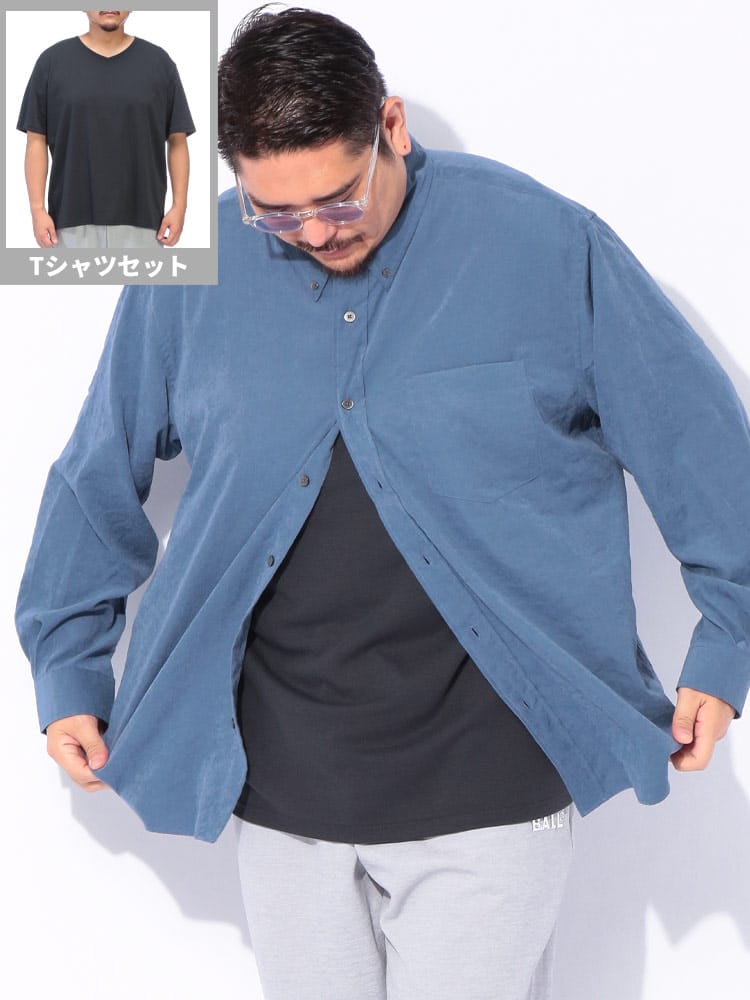 シャツ セット Tシャツ ボタンダウン TNピーチ 長袖 シャツ ＆ 無地Vネック 半袖Tシャツ アンサンブル トップス 無地 大きいサイズ メンズ