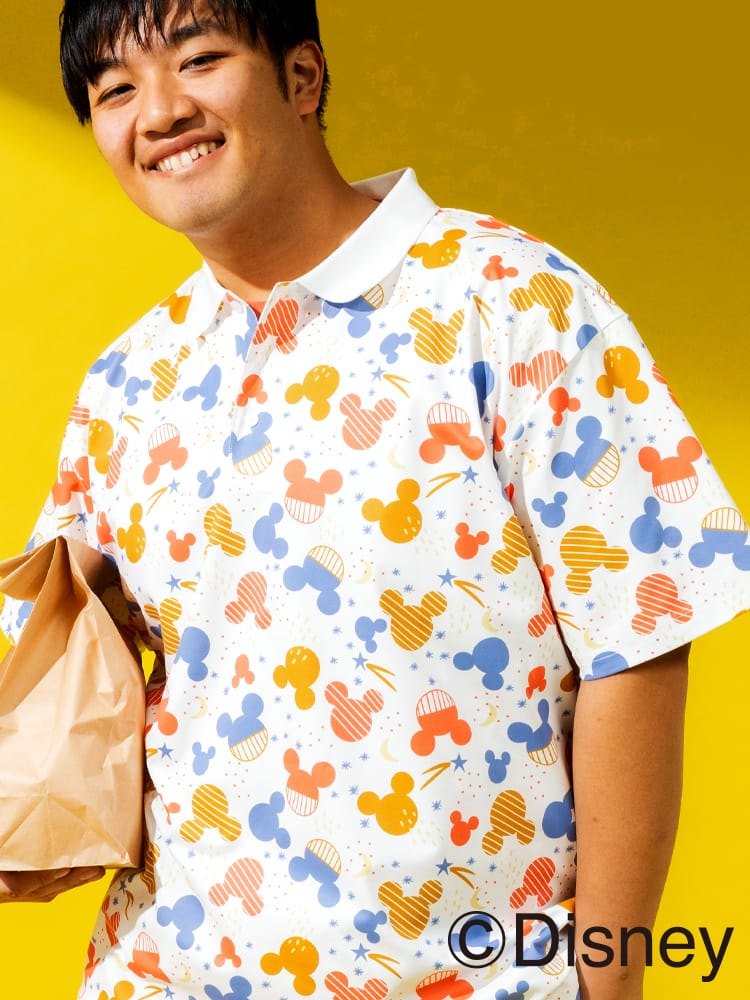 ディズニー ポロシャツ 半袖 メンズ 大きいサイズ 『ミッキー』 デザインポロシャツ 総柄 ナンバリング バックプリント サカゼン80周年記念 オリジナルデザイン