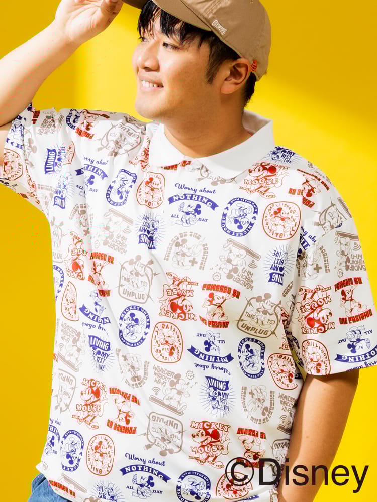 ディズニー ポロシャツ 半袖 メンズ 大きいサイズ 『ミッキー』 デザインポロシャツ 総柄 ナンバリング バックプリント サカゼン80周年記念 オリジナルデザイン
