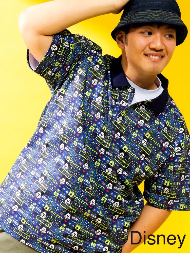 ディズニー ポロシャツ 半袖 メンズ 大きいサイズ 『ミッキー』 デザインポロシャツ 総柄 ナンバリング バックプリント サカゼン80周年記念 オリジナルデザイン