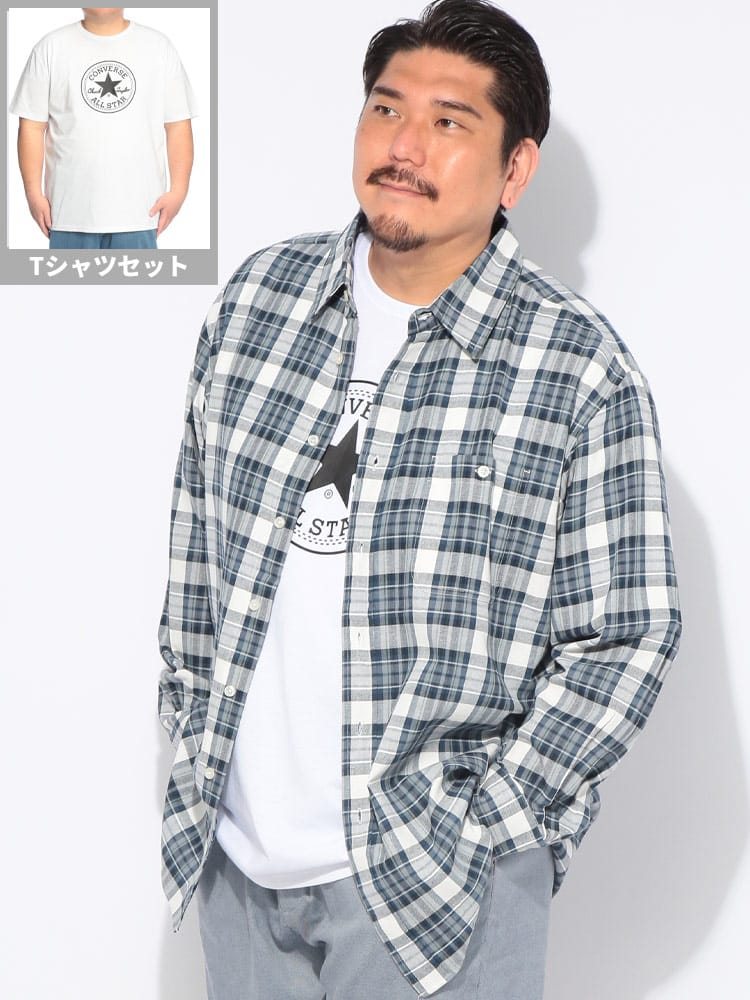 シャツ アンサンブル 長袖 メンズ 大きいサイズ ツイルチェック 長袖シャツ 半袖Tシャツ セット トップス レイヤード 重ね着 チェックシャツ 春 夏