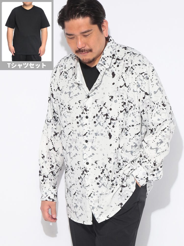 シャツ アンサンブル 長袖 メンズ 大きいサイズ アムンゼン プリント 長袖シャツ 半袖Tシャツ セット トップス レイヤード 重ね着 柄シャツ 春 夏