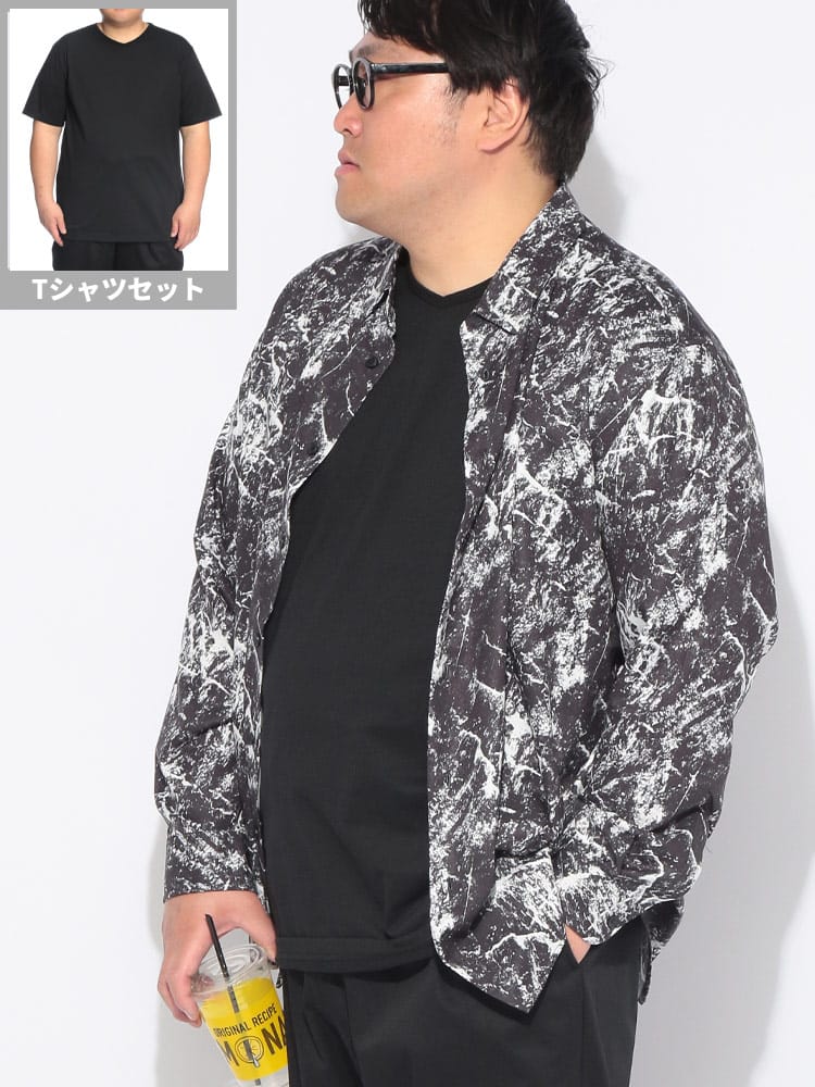 シャツ アンサンブル 長袖 メンズ 大きいサイズ アムンゼン プリント 長袖シャツ 半袖Tシャツ セット トップス レイヤード 重ね着 柄シャツ 春 夏