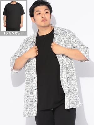 Tシャツ シャツ アンサンブル 半袖 メンズ 大きいサイズ 冷感 無地 クルーネック 半袖 Tシャツ×総柄 カジュアルシャツ 2枚セット トップス クルー セット レイヤード 冷たい 涼しい 春 夏