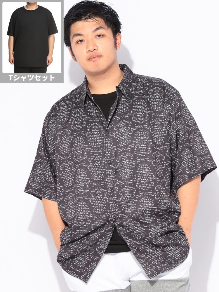 Tシャツ シャツ アンサンブル 半袖 メンズ 大きいサイズ 冷感 無地 クルーネック 半袖 Tシャツ×総柄 カジュアルシャツ 2枚セット トップス クルー セット レイヤード 冷たい 涼しい 春 夏