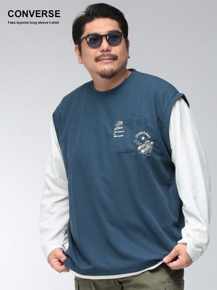Tシャツ 長袖 メンズ 大きいサイズ 鹿の子 ベスト フェイクレイヤード ロゴ刺繍 ロングスリーブ カットソー トップス ユニセックス カジュアル デイリー レイヤード 秋 冬