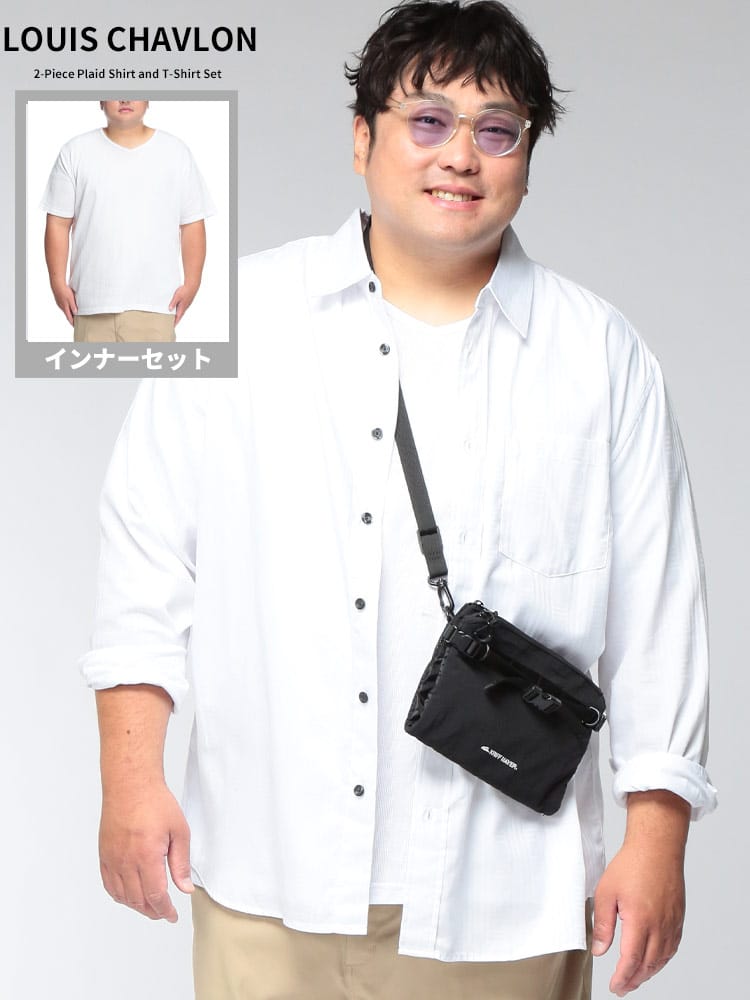 シャツ 長袖 Tシャツ半袖 メンズ 大きいサイズ インナーTシャツ付き ドビーアンサンブルシャツ トップス カジュアルシャツ アンサンブル 2点セット セット レイヤード 柄シャツ 秋 冬 春