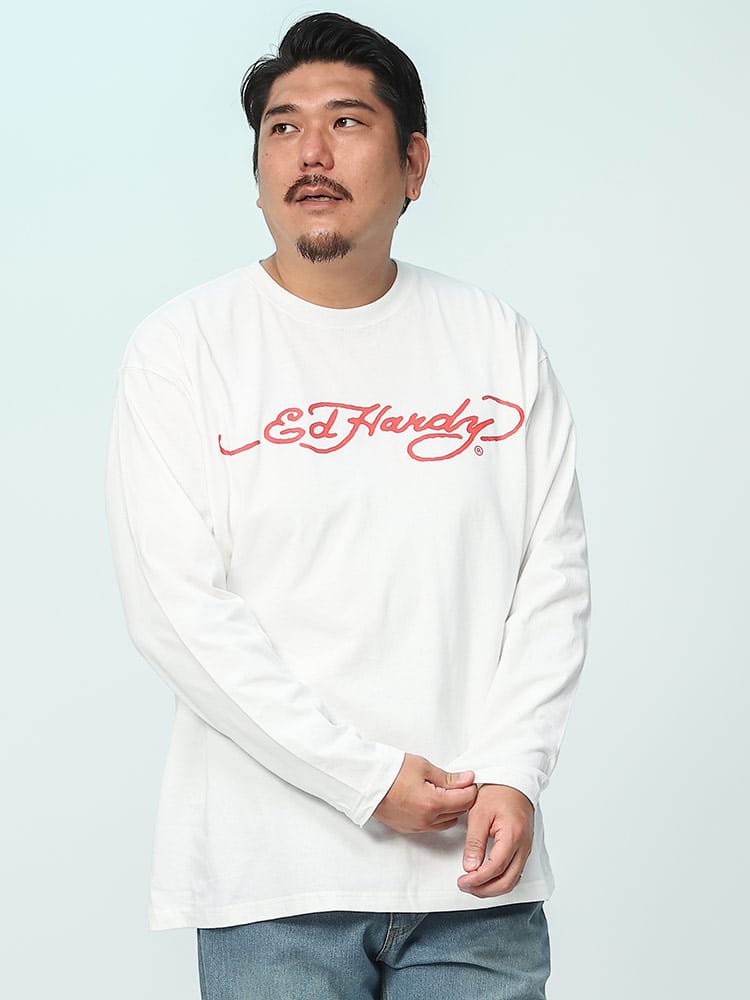 天竺 バックプリント クルーネック 長袖 Tシャツ (ed hardy) エドハーディー 大きいサイズ メンズ