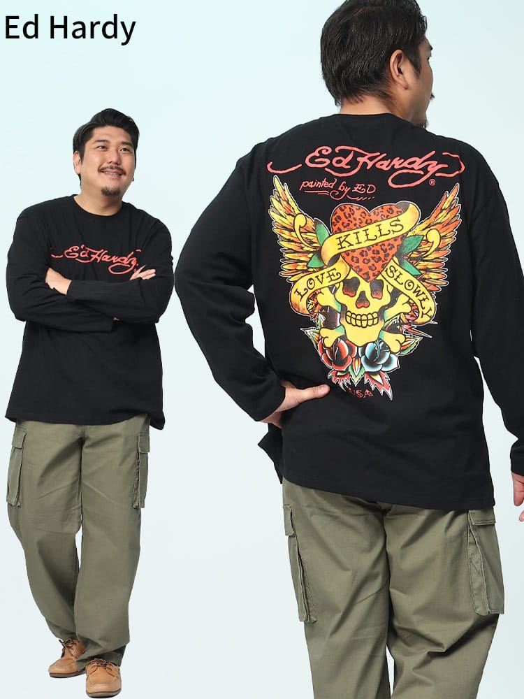 天竺 バックプリント クルーネック 長袖 Tシャツ (ed hardy) エドハーディー 大きいサイズ メンズ