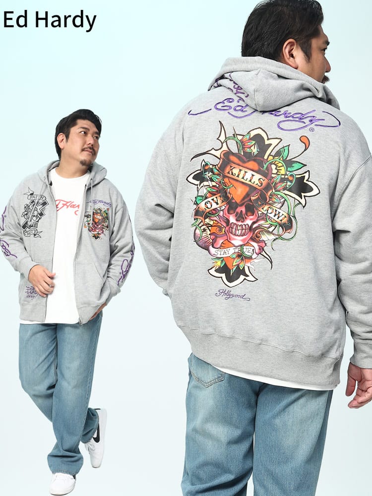 刺繍＆プリント フルジップ パーカー (ed hardy) エドハーディー 大きいサイズ メンズ