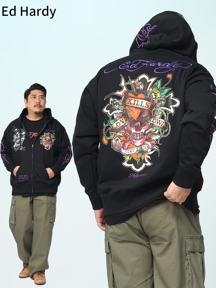 刺繍＆プリント フルジップ パーカー (ed hardy) エドハーディー 大きいサイズ メンズ