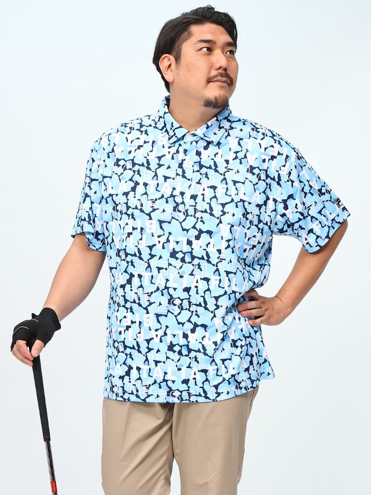 半袖 ポロシャツ 冷感 吸汗速乾 モザイクタイポプリント ホリゾンタルカラー トップス シャツ 大きいサイズ メンズ