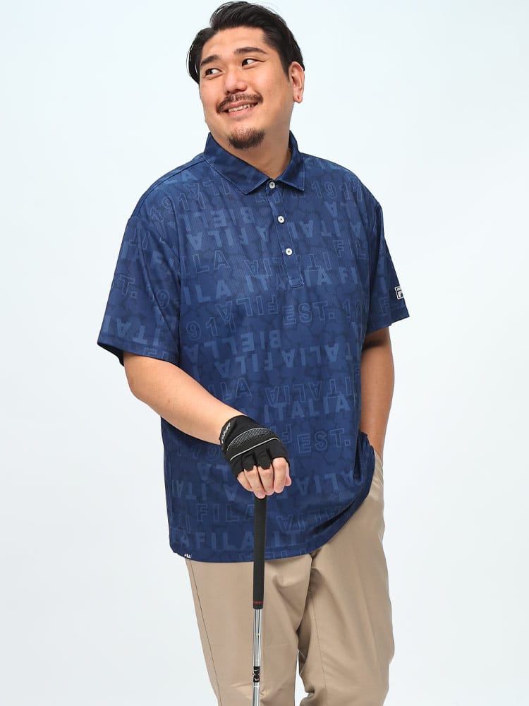 半袖 ポロシャツ 冷感 吸汗速乾 モザイクタイポプリント ホリゾンタルカラー トップス シャツ 大きいサイズ メンズ