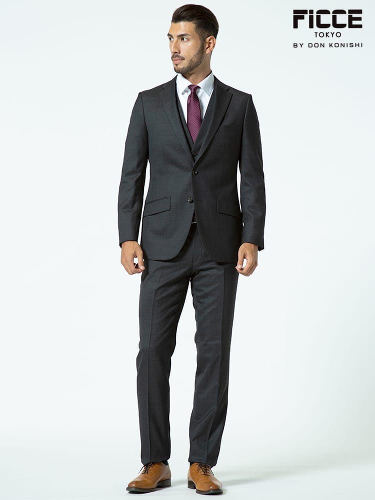 FICCE (フィッチェ) ウール混 ベスト付き 抗ウイルスポケット ピンドット シングル 2ツ釦 スリーピース スーツ DARKGRAY 【秋冬 通年】