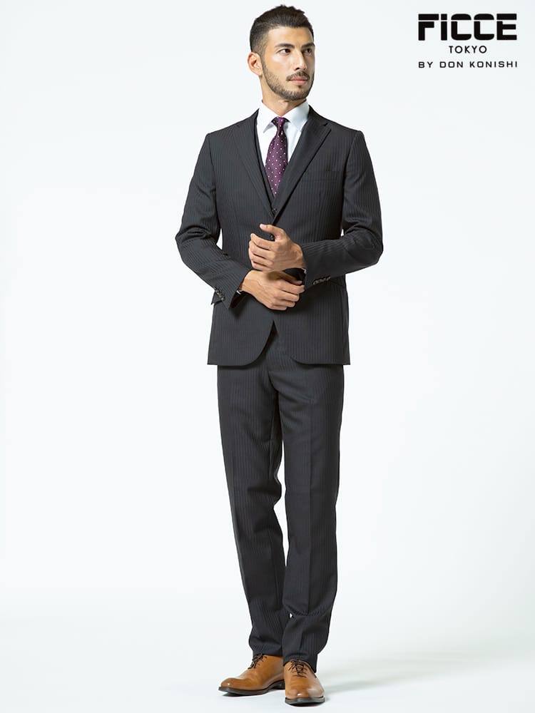 FICCE (フィッチェ) ウール混 ベスト付き 抗ウイルスポケット シャドーストライプ シングル 2ツ釦 スリーピース スーツ 【秋冬 通年】