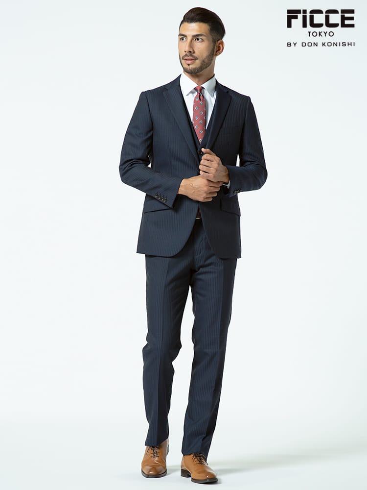FICCE (フィッチェ) ウール混 ベスト付き 抗ウイルスポケット シャドーストライプ シングル 2ツ釦 スリーピース スーツ 【秋冬 通年】