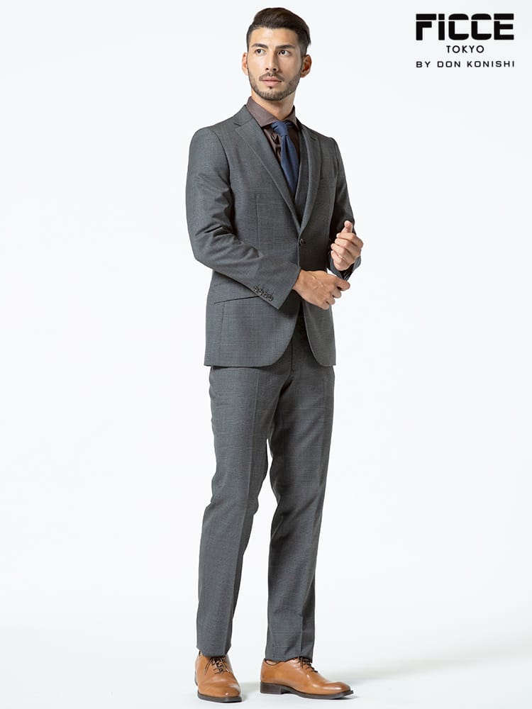 FICCE (フィッチェ) ウール混 ベスト付き 抗ウイルスポケット チェック シングル 2ツ釦 スリーピース スーツ DARKGRAY 【秋冬 通年】