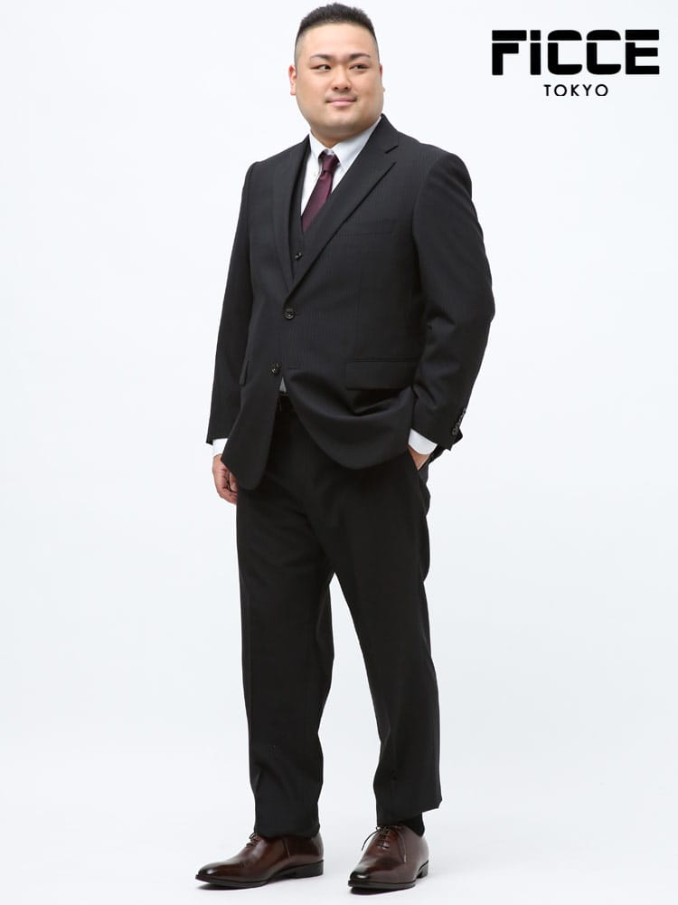大きいサイズ メンズ FICCE (フィッチェ) ウール混 ベスト付き 抗ウイルスポケット ストライプ シングル 2ツ釦 ツーパンツ スリーピース スーツ