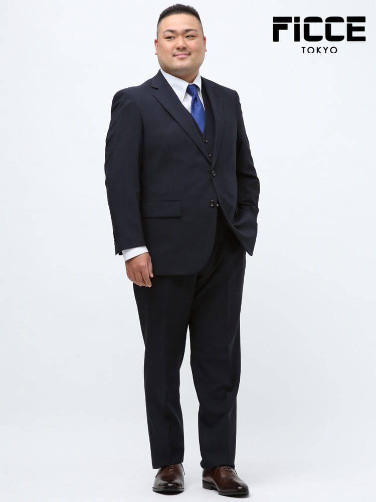大きいサイズ メンズ FICCE (フィッチェ) ウール混 ベスト付き 抗ウイルスポケット ストライプ シングル 2ツ釦 ツーパンツ スリーピース スーツ