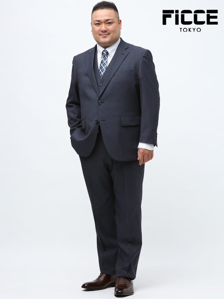 大きいサイズ メンズ FICCE (フィッチェ) ウール混 ベスト付き 抗ウイルスポケット ストライプ シングル 2ツ釦 ツーパンツ スリーピース スーツ BLUE