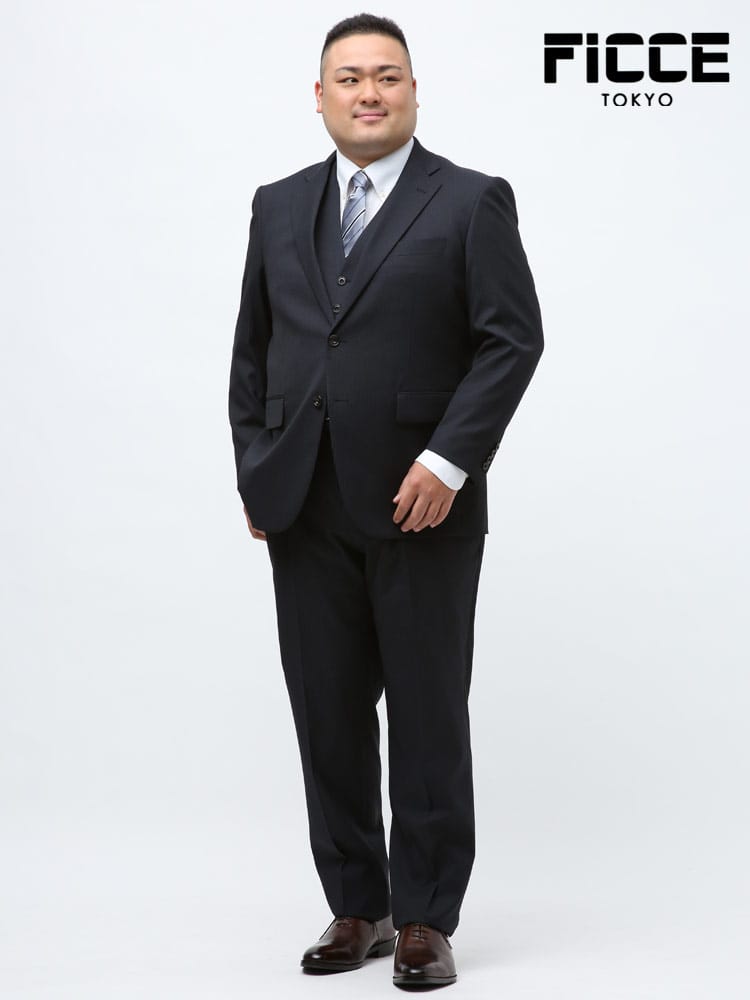 大きいサイズ メンズ FICCE (フィッチェ) ウール混 ベスト付き 抗ウイルスポケット ストライプ シングル 2ツ釦 ツーパンツ スリーピース スーツ NAVY