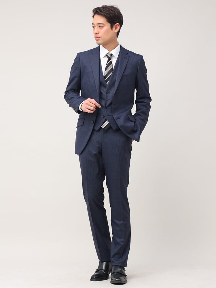 FICCE フィッチェ ウール混 ベスト付き スリーピーススーツ ストライプ シングル ローライズパンツ スーツ ノータックスラックス ビジネス 紳士 結婚式 ブライダル パーティー 二次会