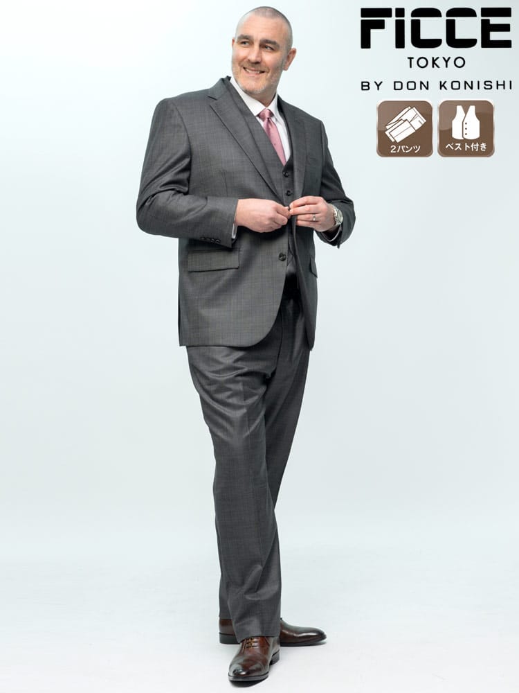 ウール混 ベスト付き 柄 2ツ釦 ツーパンツ スーツ FICCE フィッチェ 大きいサイズ メンズ