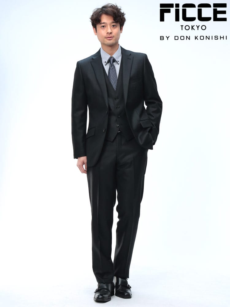 ベスト付き スーツ スリーピース ウール混 シングル ノータックスラックス メンズ ビジネス 紳士