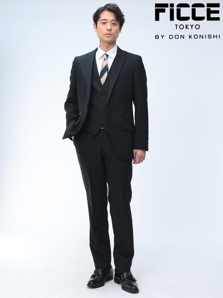 ベスト付き スーツ スリーピース ウール混 シングル ノータックスラックス メンズ ビジネス 紳士