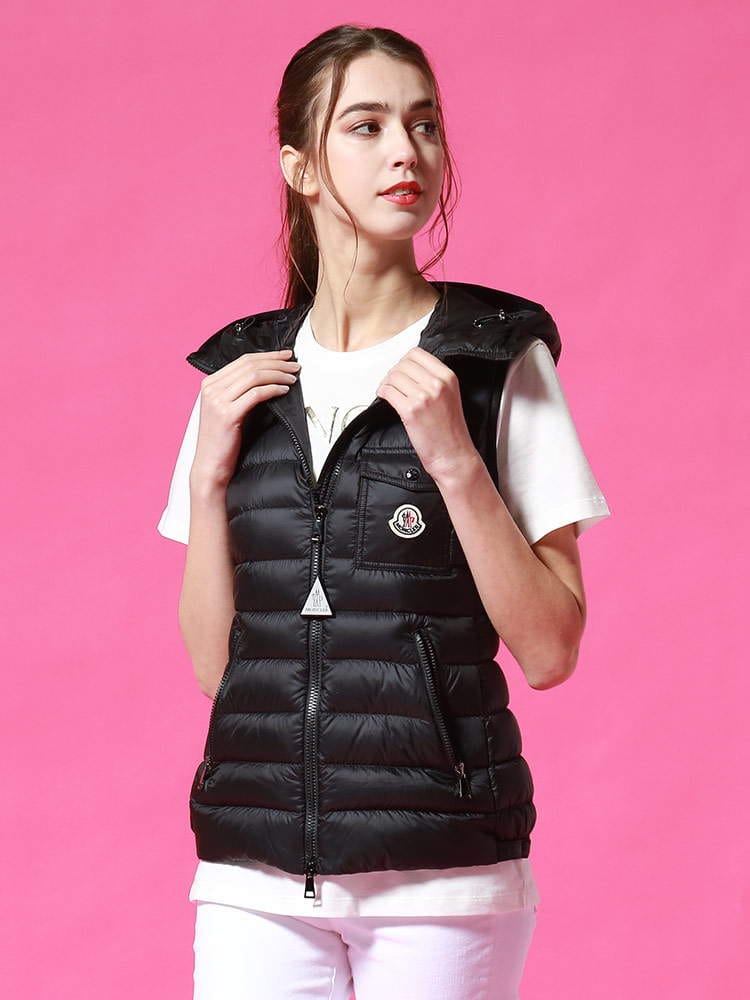 MONCLER (モンクレール) ナイロン フード フルジップ ダウン ベスト GLYCO BLACK MCLGLYCO1 レディース