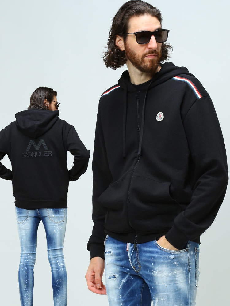 モンクレール メンズ パーカー MONCLER ブランド スウェット フーディー バックデザイン ロゴ 刺繍 トリコロール ライン フルジップ フード トップス 長袖 スエット 黒 クロ 大きいサイズ MC8G00047809LA