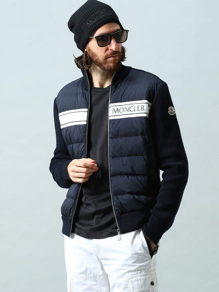モンクレール メンズ ダウン MONCLER ブランド アウター カーディガン ニット ブルゾン ジップカーディガン カーデ ハイネック ロゴ B00005M1131 ウール 大きいサイズ ライトダウン 紺 ネイビー MC9B00005M1131