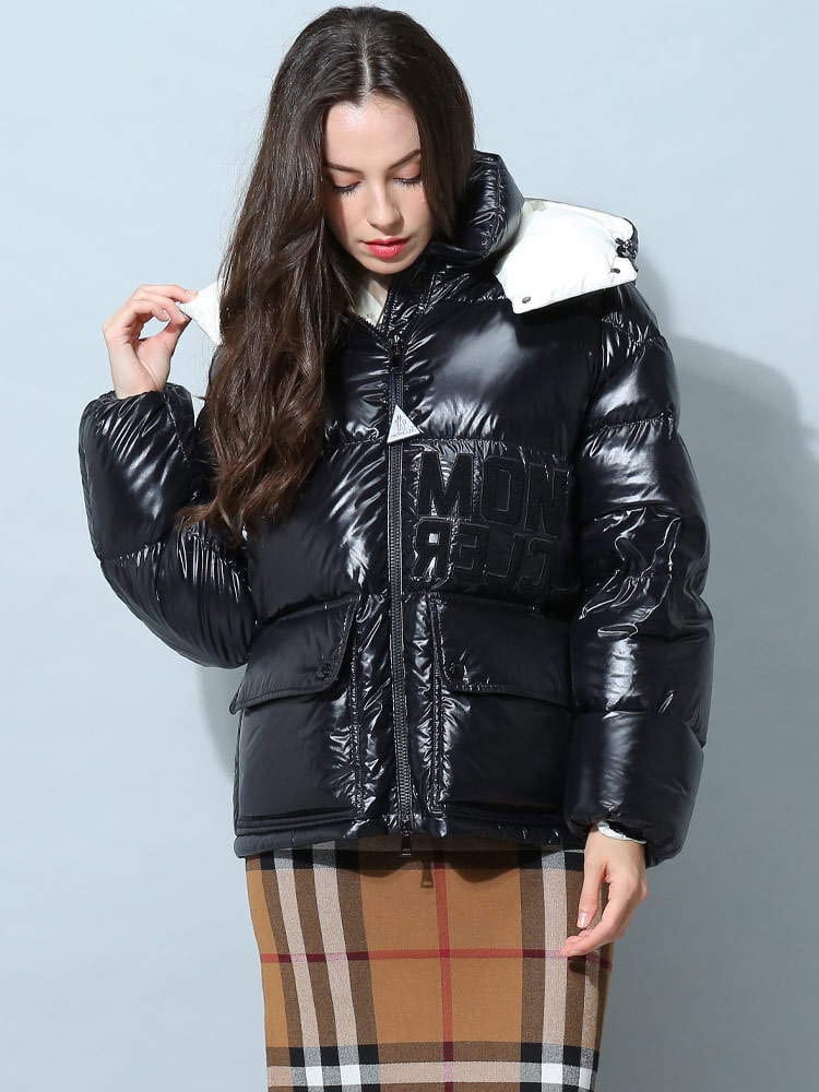 モンクレール レディース ブルゾン MONCLER ブランド ダウンジャケット アウター ジャケット ダウン フード 着脱 ロゴ フルジップ ダウンパディング Abbaye 黒 クロ ナイロン アベイ MCLABBAYE2
