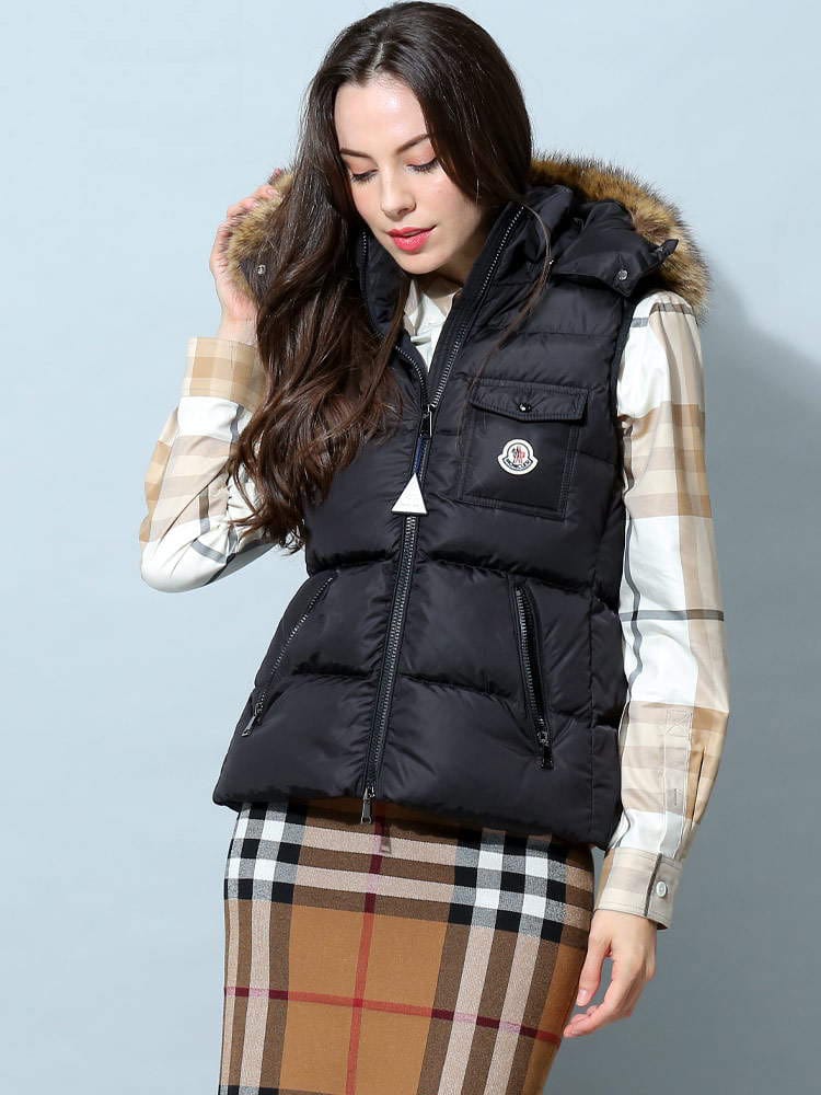 モンクレール レディース ダウン ベスト MONCLER ブランド ダウンベスト アウター ブルゾン ジレ フード  ファー フェイクファー ジップ Bairon  クロ ベージュ カーキ バイロン MCLBAIRON2
