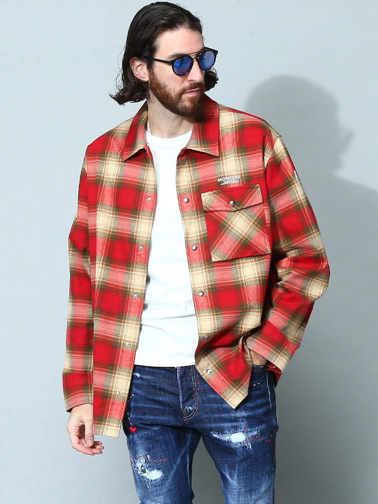 モンクレール メンズ シャツ MONCLER ブランド トップス チェックシャツ 長袖シャツ ロゴ チェック 長袖 MC2F00003M2359