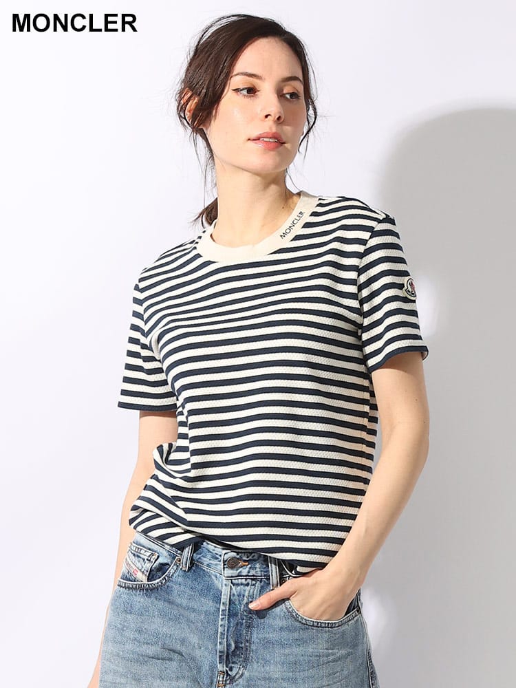 MONCLER (モンクレール) 衿ワンポイント ボーダー クルーネック 半袖 Tシャツ レディース