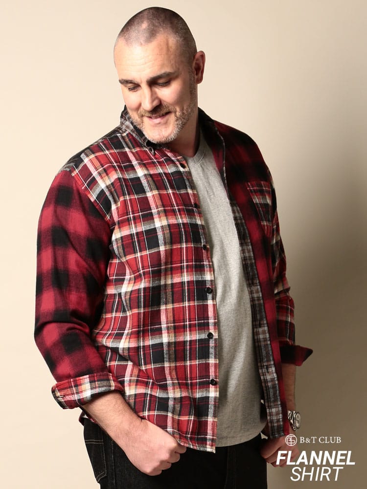大きいサイズ メンズ B＆T CLUB (ビーアンドティークラブ) 綿100％ クレイジーパターンチェック柄＆無地 ボタンダウン 長袖 ネルシャツ