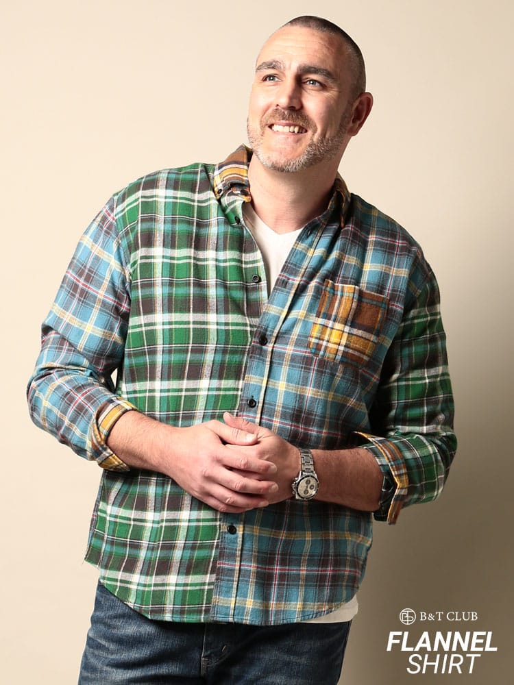 大きいサイズ メンズ B＆T CLUB (ビーアンドティークラブ) 綿100％ クレイジーパターンチェック柄＆無地 ボタンダウン 長袖 ネルシャツ